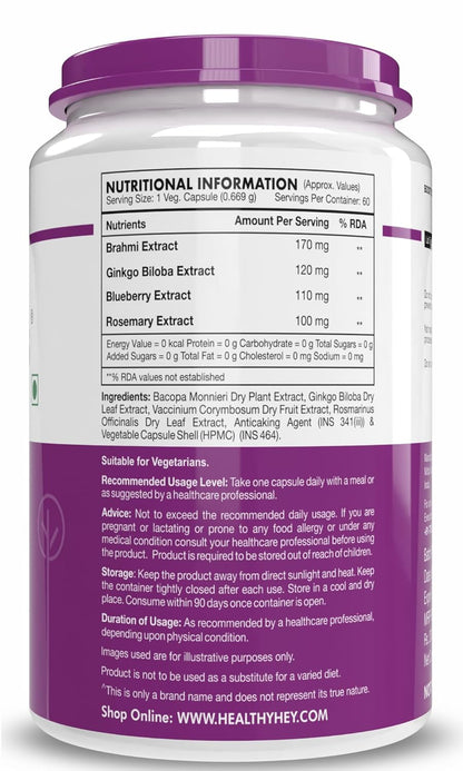 Healthyhey Nutrition BrainFocus - Natural Brain Health Formula for Memory & Focus - 60 Veg Capsules