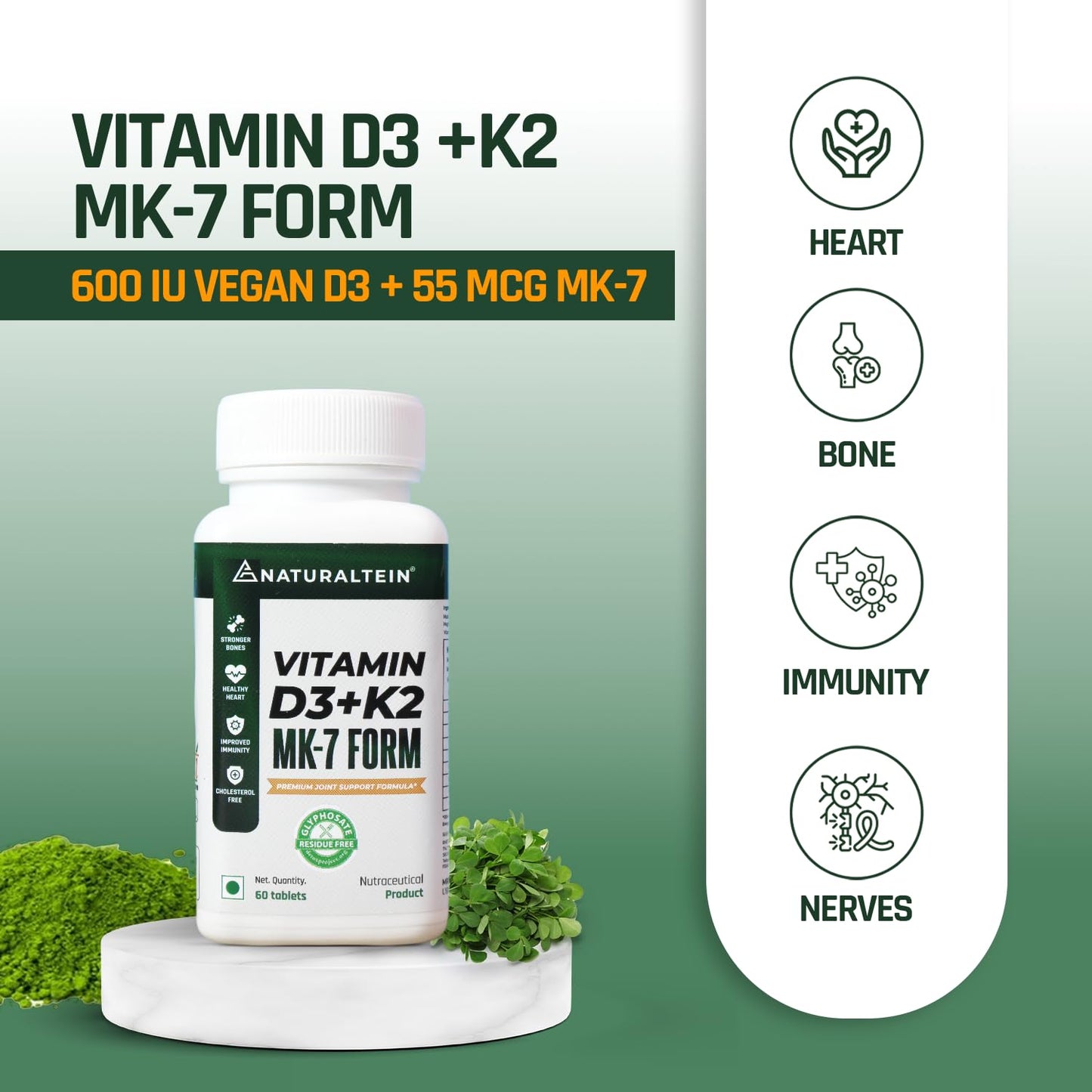 NATURALTEIN Vitamin D3 + K2 Supplement | 600 IU Plant-Based D3 & 55 mcg MK-7 K2 | 60 Unflavoured Tablets for Bone, Muscle & Calcium Support