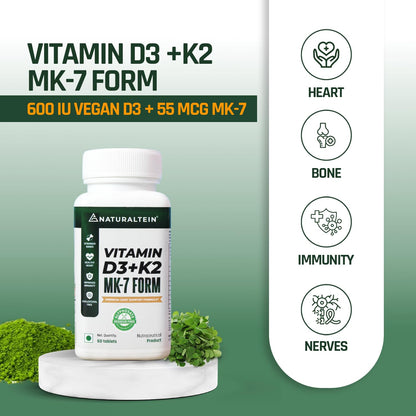 NATURALTEIN Vitamin D3 + K2 Supplement | 600 IU Plant-Based D3 & 55 mcg MK-7 K2 | 60 Unflavoured Tablets for Bone, Muscle & Calcium Support