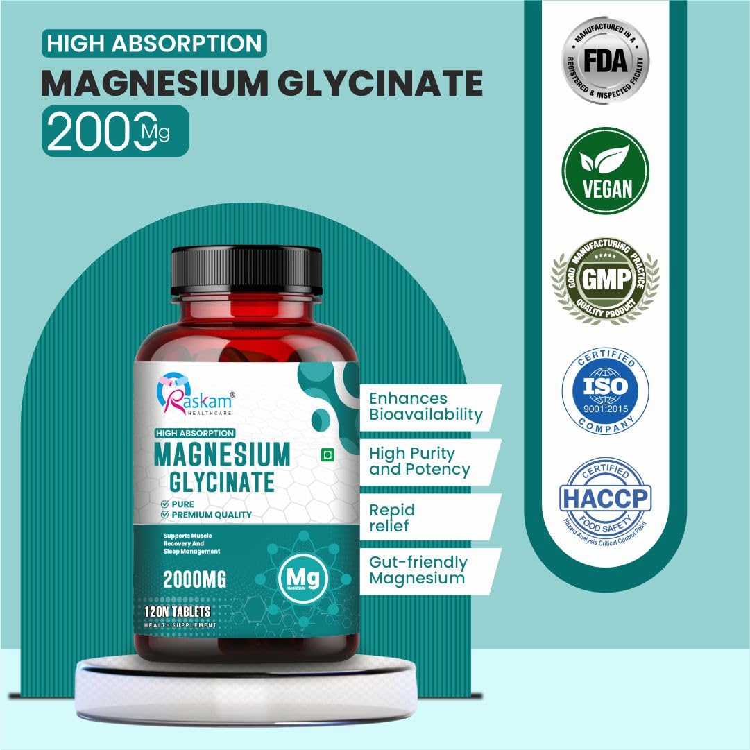 Pure Magnesium Glycinate - Maximum Strength Chelated Magnesium Supplement for Women and Men for Muscle Cramps, Sleep Support and Nerve Health- 2000mg Per Serving, 120 Vegetarian Tablets