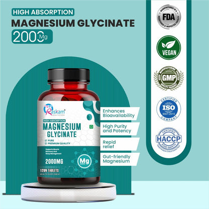 Pure Magnesium Glycinate - Maximum Strength Chelated Magnesium Supplement for Women and Men for Muscle Cramps, Sleep Support and Nerve Health- 2000mg Per Serving, 120 Vegetarian Tablets