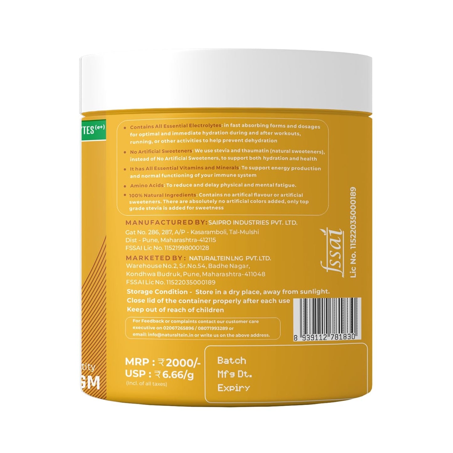 Naturaltein BCAA E+ Boost - Vegan BCAAs with Electrolytes, Vitamins & Minerals - 300g Clean Energy Drink - Natural Orange