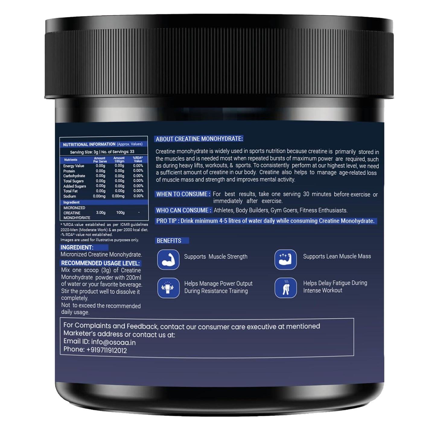OSOAA Micronized Creatine Monohydrate Powder - 100g, Unflavoured | 3g Creatine/Serving | Pre/Post Workout Supplement for Muscle Repair & Recovery | Supports Athletic Performance & Power