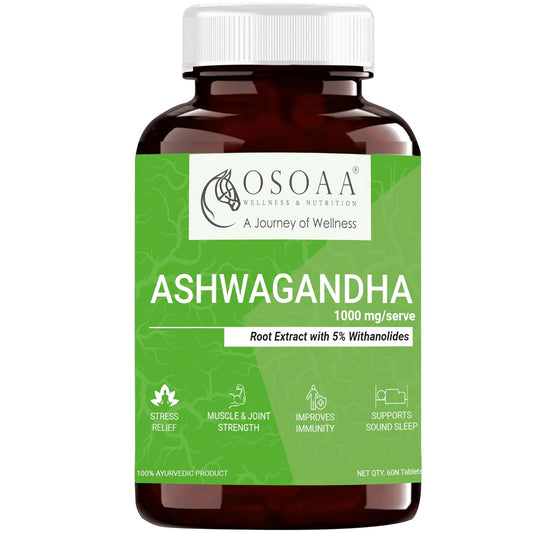 OSOAA Ashwagandha 1000mg Tablets | Stress & Anxiety Relief Supplement | Natural Ashwagandha Root Extract | Boosts Energy, Rejuvenates Mind & Body | 60 Veg Tablets