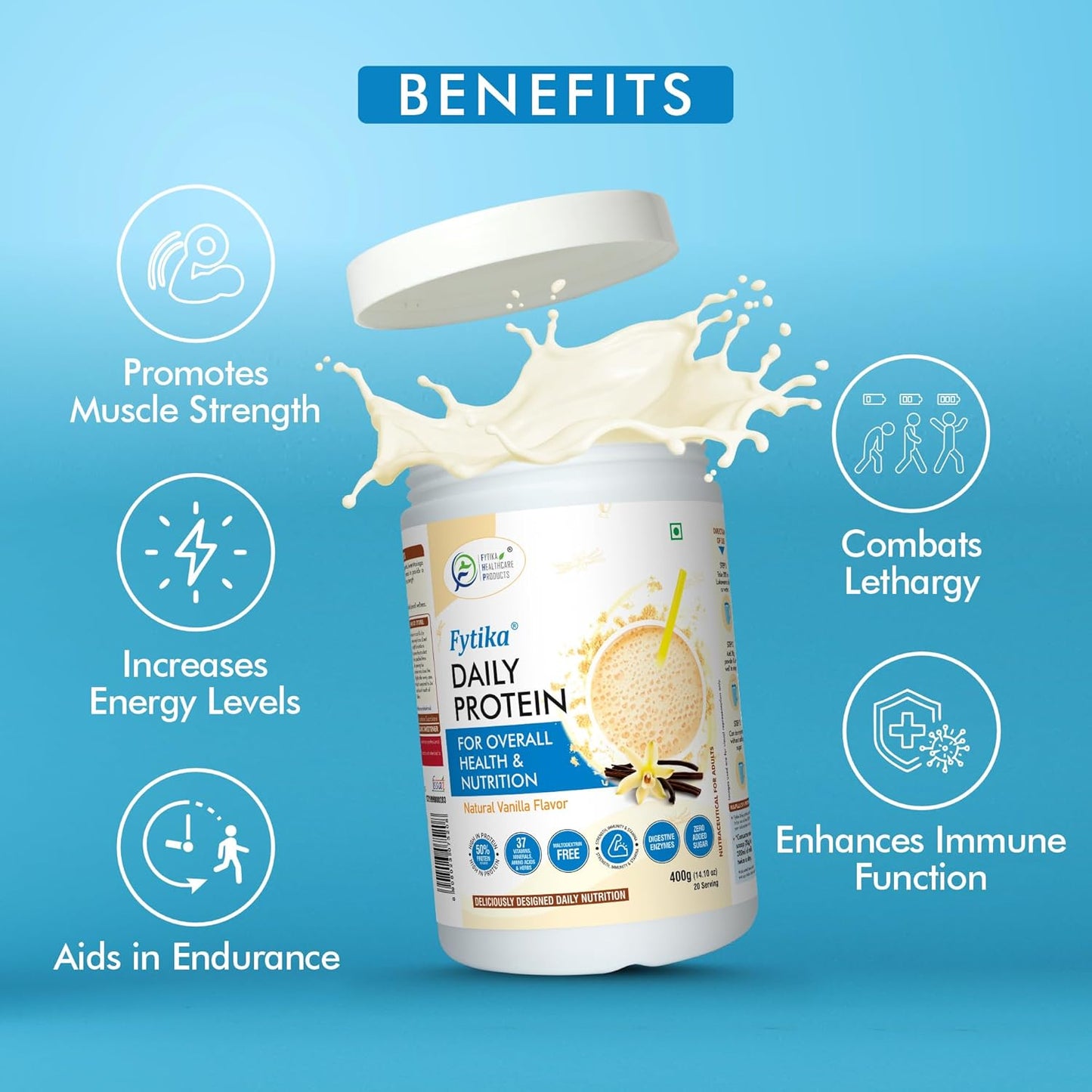 Fytika Daily Protein-400g (Pack of 1, Vanila) | Complete Nutrition Drink for Adults with 37 Essential Vitamins & Minerals | 50% Protein Per Serve | High Protein Drink for Men & Women