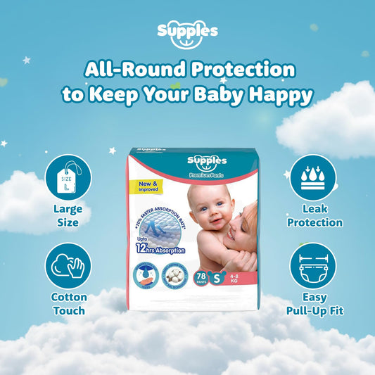 Supples Premium Baby Diaper Pants | 78 Baby Diapers | Small | 4-8 Kg | 12 Hrs Absorption | Cushiony Cotton Soft Fabric | Phthalates-Free | Triple Leak Guard