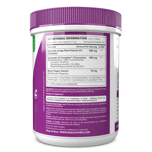 HealthyHey Nutrition Curcumin with Bioperine 1310mg (Ultra Pure) | Organic Turmeric, 300 Vegetable Capsules with Piperine
