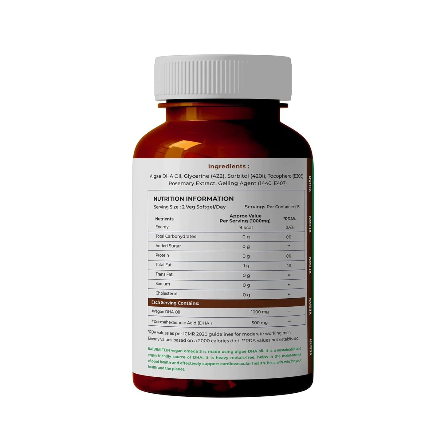 Naturaltein Ultimate Vegan Omega 3 (60 Softgels) | Algae Source DHA | 1000 mg Algae Oil & 500 mg DHA Per Serving | Plant-Based Omega 3 | Heavy Metal Tested