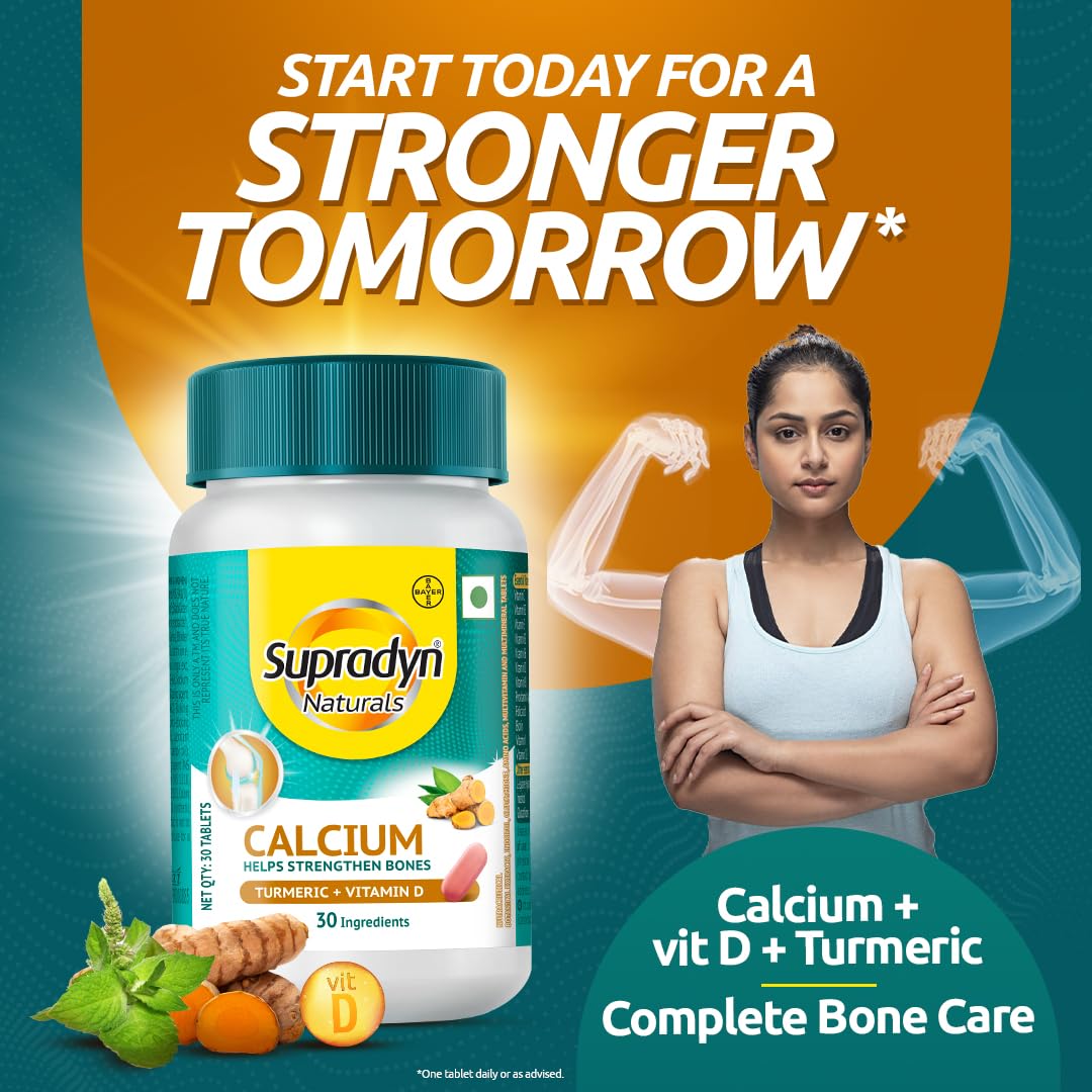 Supradyn Naturals Calcium for Men and Women (30 tablets)|Multivitamin with Vitamin D, Magnesium, Zinc, Vitamin B 12 & Turmeric|For Bone health and Joint support|Veg