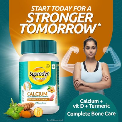Supradyn Naturals Calcium for Men and Women (30 tablets)|Multivitamin with Vitamin D, Magnesium, Zinc, Vitamin B 12 & Turmeric|For Bone health and Joint support|Veg