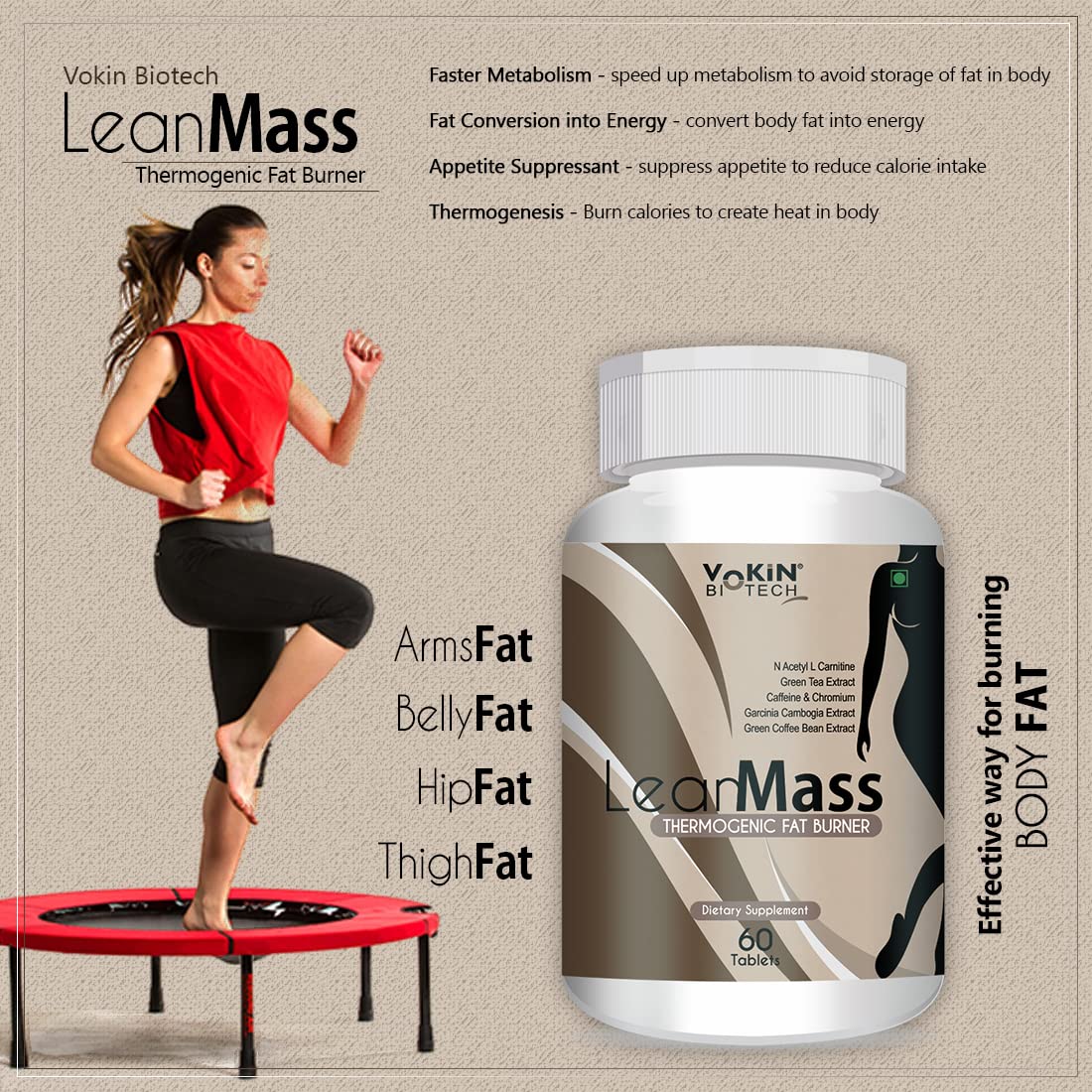 Vokin Biotech Lean Mass Thermogenic Fat Burner with Green tea Extract, N Acetyl L Carnitine, Garcinia Cambogia Weight loss product for Men & Women (60 Tablets)