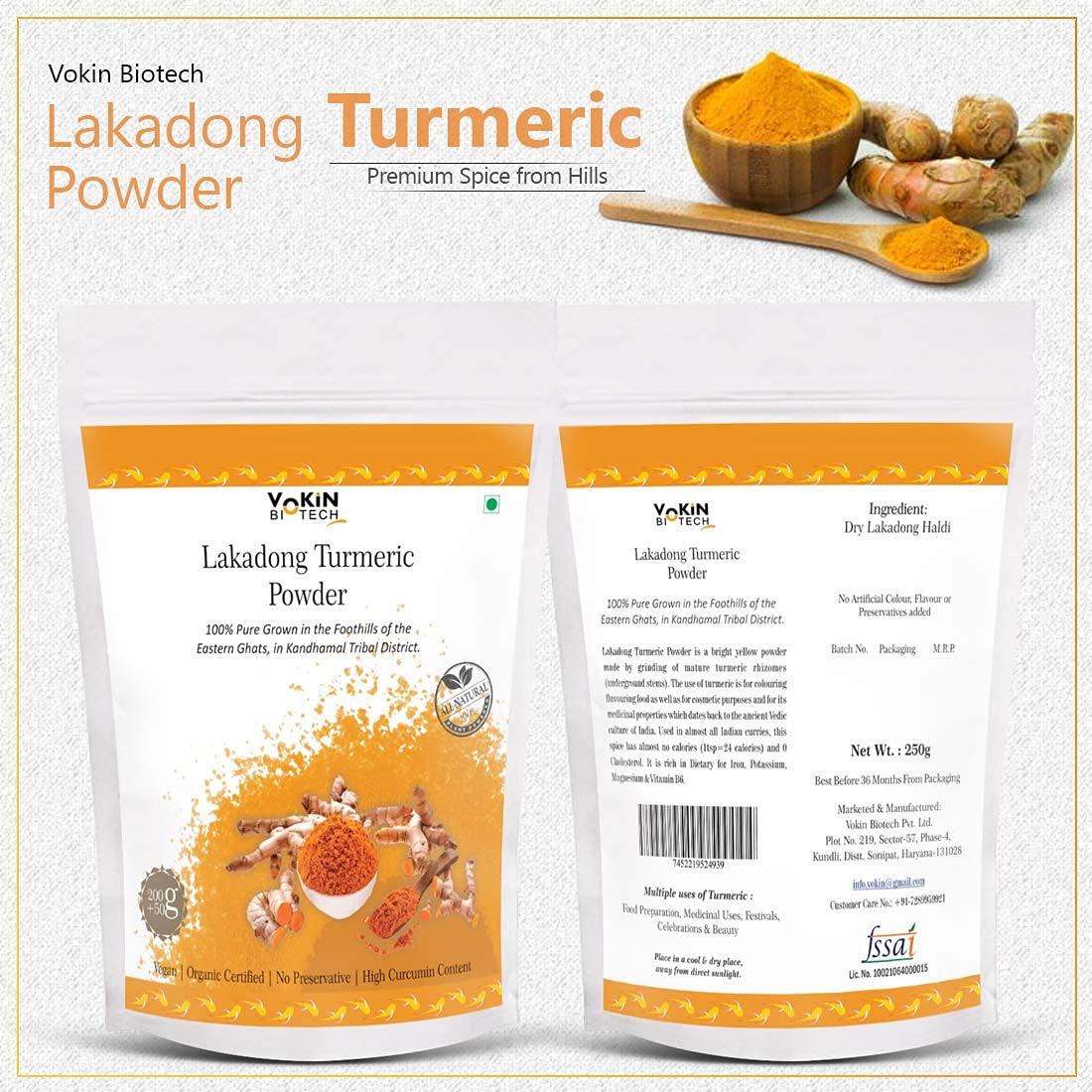 Vokin Biotech Lakadong Turmeric Powder 250gm | High Curcumin Content 7-9% Haldi Powder | Immunity Booster Pack of 1
