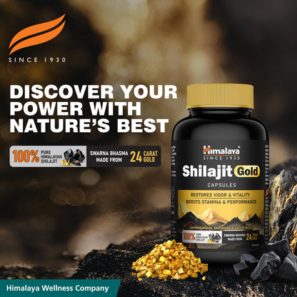 Himalaya Shilajit/Shilajeet Gold Capsules | 100% Pure Himalayan Shilajit + 24 Carat Gold | 20 Capsules | Restores Vigor and Vitality | Boosts Stamina and Performance