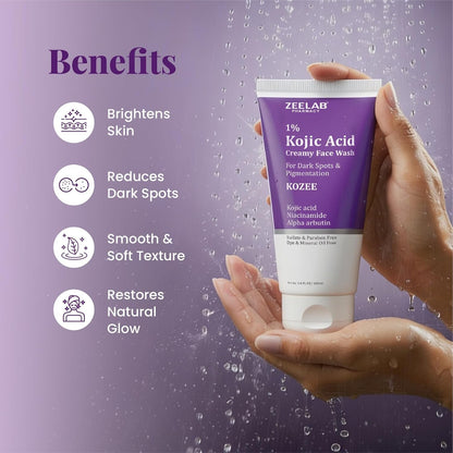 Zeelab Kozee Kojic Acid 1% Face Wash for Dark Spots & Uneven Skin Tone | With Alpha Arbutin, Niacinamide & Vitamin E | Gentle Brightening & Cleansing Face Wash | Suitable for All Skin Types | 100ml