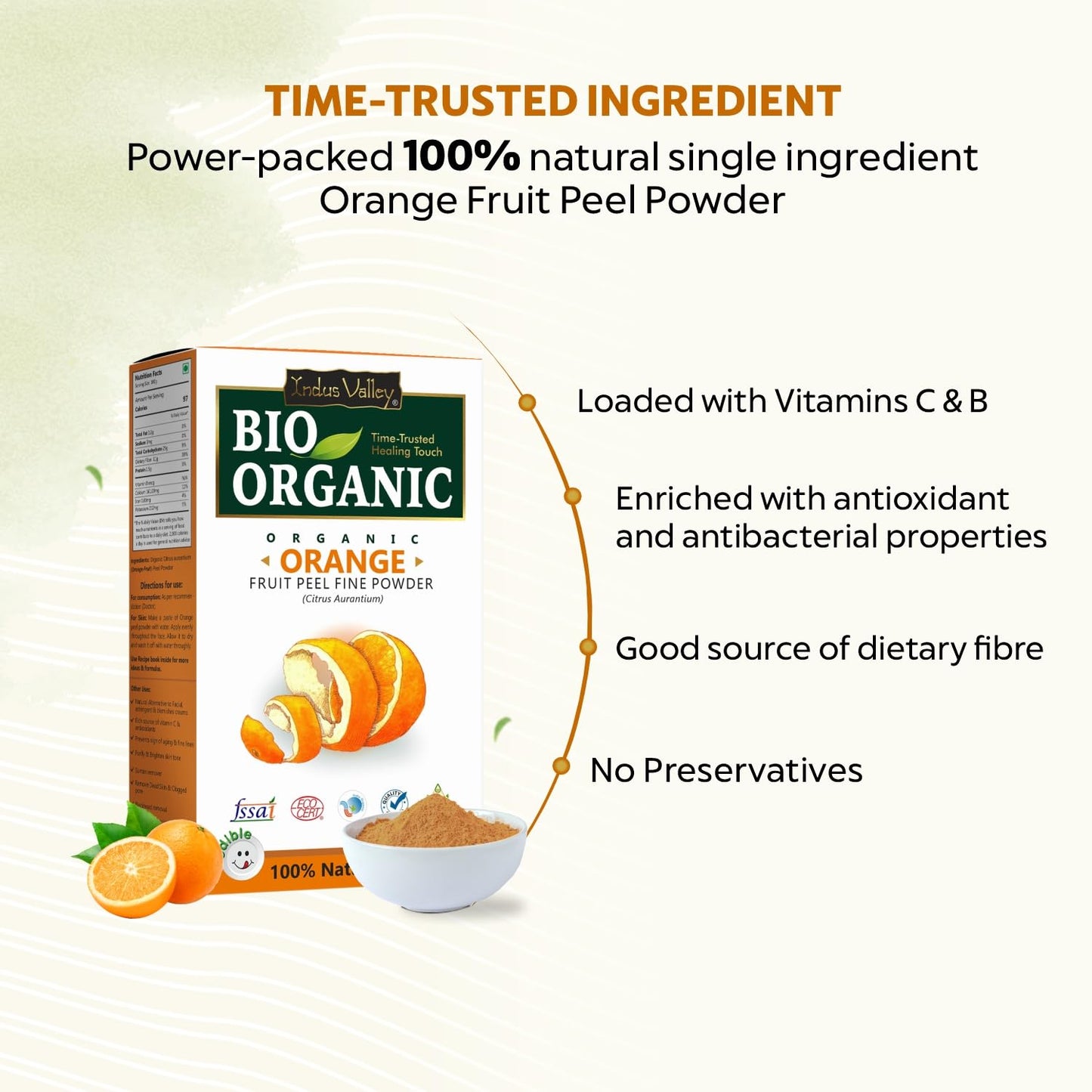 Indus Valley Bio Organic Orange Peel Fine Powder, Pure Natural & Organic for Skin Lightening Face Pack, Vitamin C and Antioxidants Add Glow - 100g