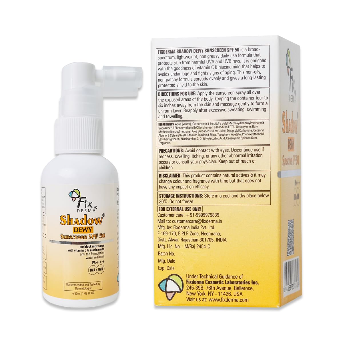 FIXDERMA Shadow Dewy Sunscreen Spf 50 Spray Pa+++, Prevents Tanning, Vitamin C Sunscreen And Niacinamide Sunscreen, Sun Screen Protector Spf 50, Pa+++ For Uva & Uvb Protection - 50Ml - All