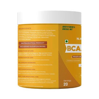 Naturaltein BCAA E+ Boost - Vegan BCAAs with Electrolytes, Vitamins & Minerals - 300g Clean Energy Drink - Natural Orange