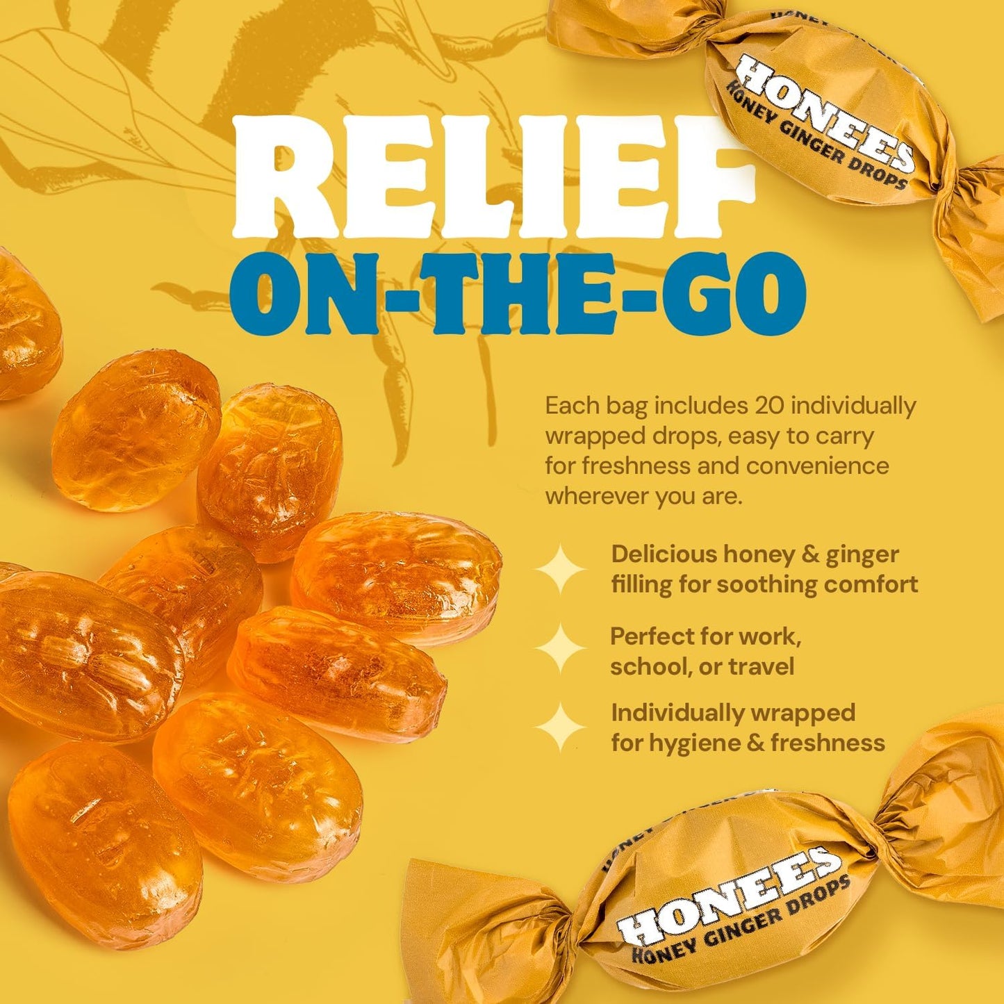 Honees Filled Honey Ginger Drops, Natural Cough Drops- Pure Ginger Sore Throat Relief - Nothing Artificial -Throat Coat Lozenges, Natural Cough Suppressant, Non-GMO, Gluten Free (1 Pack â€“ 20 Drops)