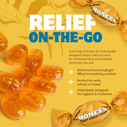 Honees Filled Honey Ginger Drops, Natural Cough Drops- Pure Ginger Sore Throat Relief - Nothing Artificial -Throat Coat Lozenges, Natural Cough Suppressant, Non-GMO, Gluten Free (1 Pack â€“ 20 Drops)