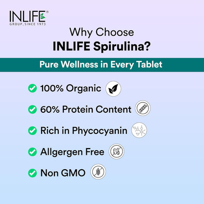 INLIFE Spirulina Tablets 2000 mg (per serving) | Green Superfood Supplement | Nutritional Supplement Protein Fiber Antioxidants - 120 Tablets (Pack of 1, 120, count)