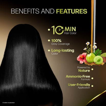 Indica Easy Do-It-Yourself Hair Color Shampoo Pump Pack with 5 Herbal Extracts and 100% Ammonia Free, Long Lasting Formula, 180 ML - Natural Black Colour (Gloves Included)