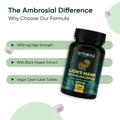 Ambrosial Lionâ€™s Mane Mushroom Supplement with Black Pepper â€“ 2000 mg per Serving | 120 Vegan Tablets | Mushroom Extract to support Focus, Clarity & Wellness