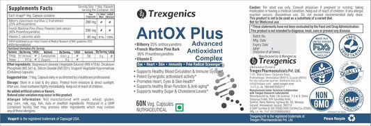TrexgenicsÂ® ANTOX PLUS Bilberry 25% 200 mg, Pine bark 90% 200 mg & Vitamin C Advanced Antioxidant complex, Heart, Eyes, Skin, Immunity, Metabolism (60 Vcaps) (1)