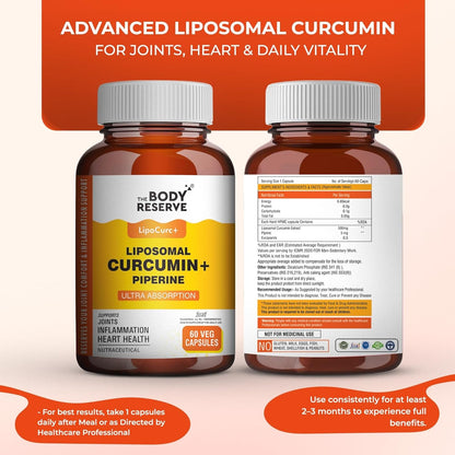 The Body Reserve Liposomal Curcumin Capsules, 500mg with Piperine, Anti-inflammatory Supplement for Adults Pure Turmeric Extract Supplement for High Absorption Joint & Heart Health Support for Adults â€“ 60 caps