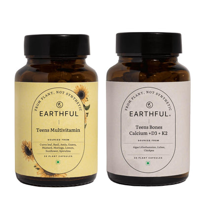 Earthful Multivitamin for Teen | 100% Plant Not Synthetic | With Vit C, D & Calcium for Complete Nutrition for Growth, Immunity & Strong bones | 30 Iron & 30 Calcium Tablets - 30 Day Pack