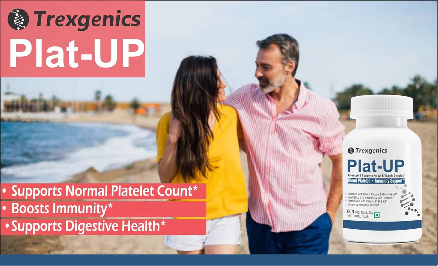 Trexgenics PLAT-UP Platelet Support, Hemoglobin, Advanced Formula VEGAN (60 Veg. Capsules) (Pack of 1)