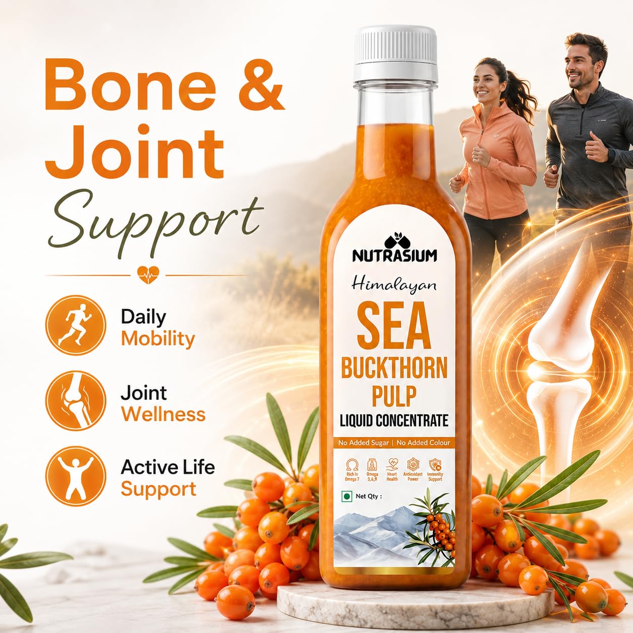 Nutrasium Himalayan Sea Buckthorn Berry Juice - 500 ml - Natural Source of Vitamin C, Omega 3 6 7 9, Antioxidants for Immunity, Skin Glow & Gut Health - 50 Glasses