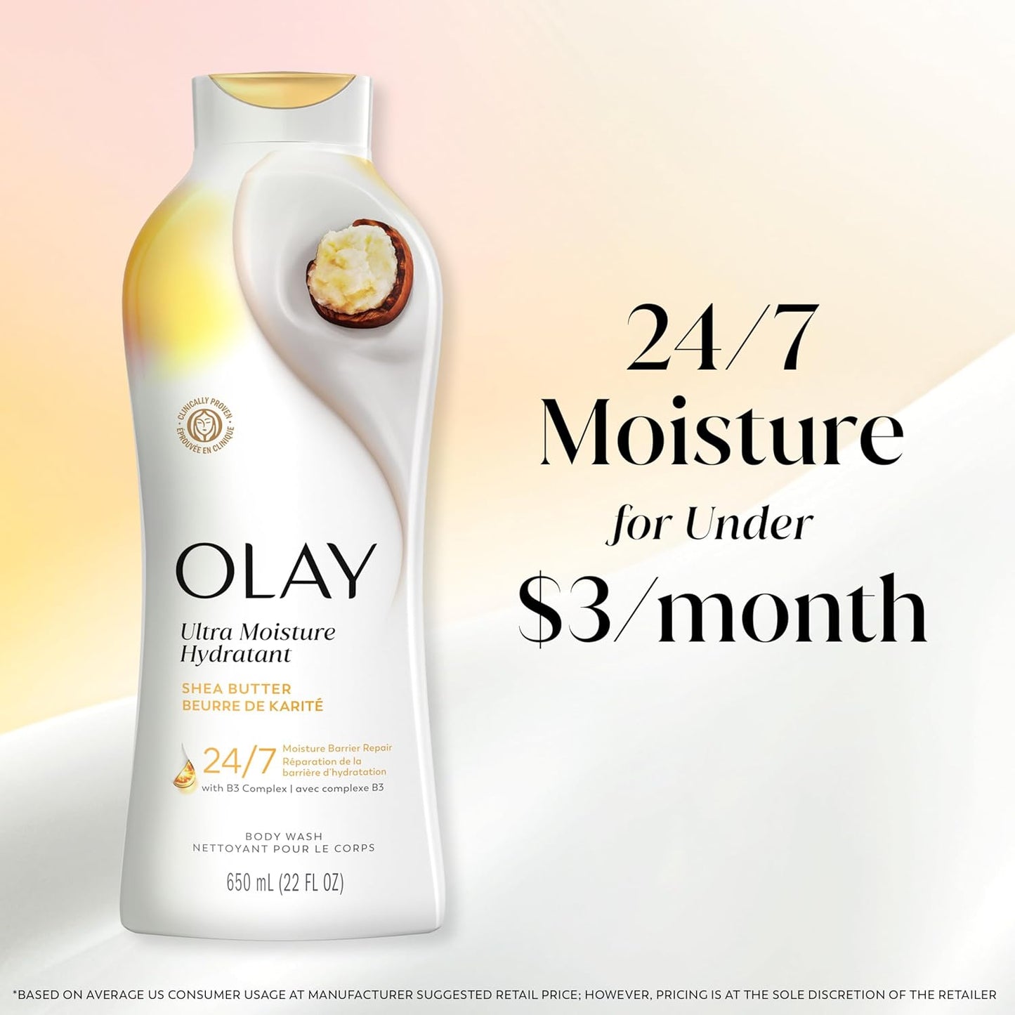 Olay Body Wash for Women, Ultra Moisture, 24hr Moisturizing, Hydrating & Refreshing, B3 Vitamin Complex, Free of Parabens & Phthalates, For All Skin Types, Shea Butter Scent, 650ml
