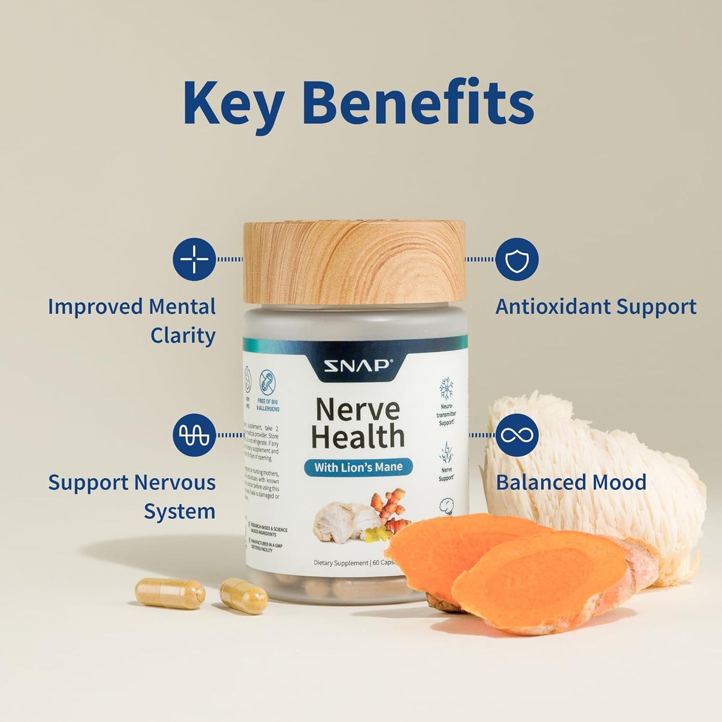 Snap Supplements Nerve Health Support with Lion's Mane, Organic Turmeric & Herbs â€“ Neuropathy Supplement for Mental Clarity, Focus & Healthy Nerve Function* â€“ 60 Capsules