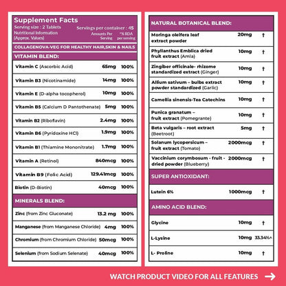 Carbamide Forte Veg Collagen Supplements for Bones | Veg Collagen Tablets For Women & Men | Plant Based Tablets For Hair, Nails & Healthy Skin | 90 Tablets