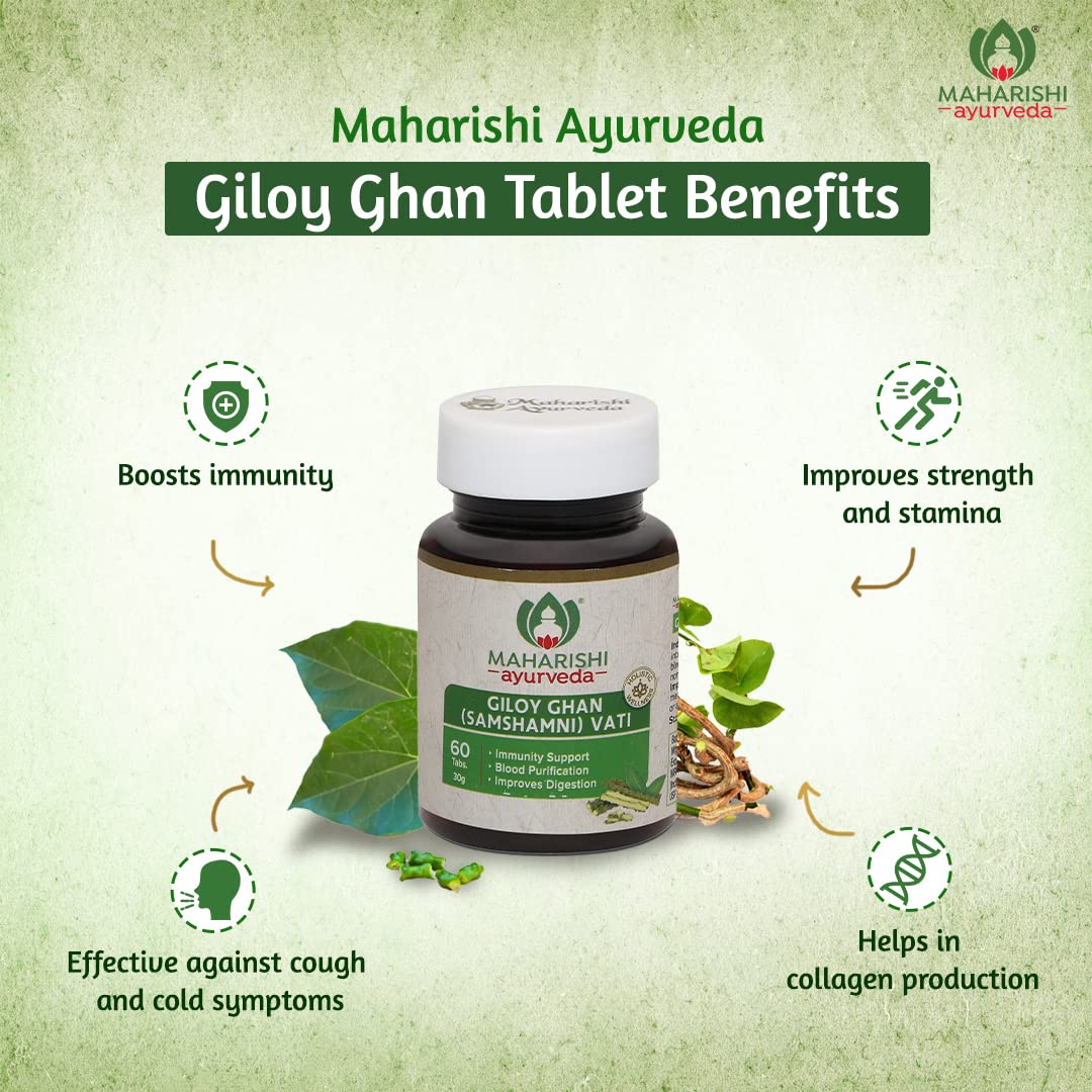 Maharishi Ayurveda Giloy Ghan Vati - 100% Natural Immunity Boosting Tablets | Enhances Strength & Stamina | Fights Fatigue | Detoxifies The Body, 60 Tablets
