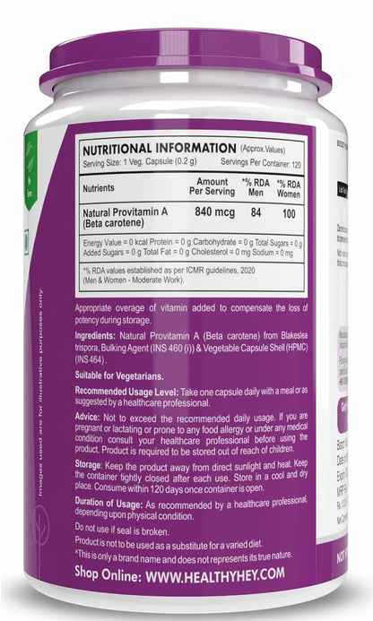 HealthyHey Nutrition Natural Vitamin A from Beta Carotene | Non-Synthetic | Non-GMO | -120 Veg Capsules