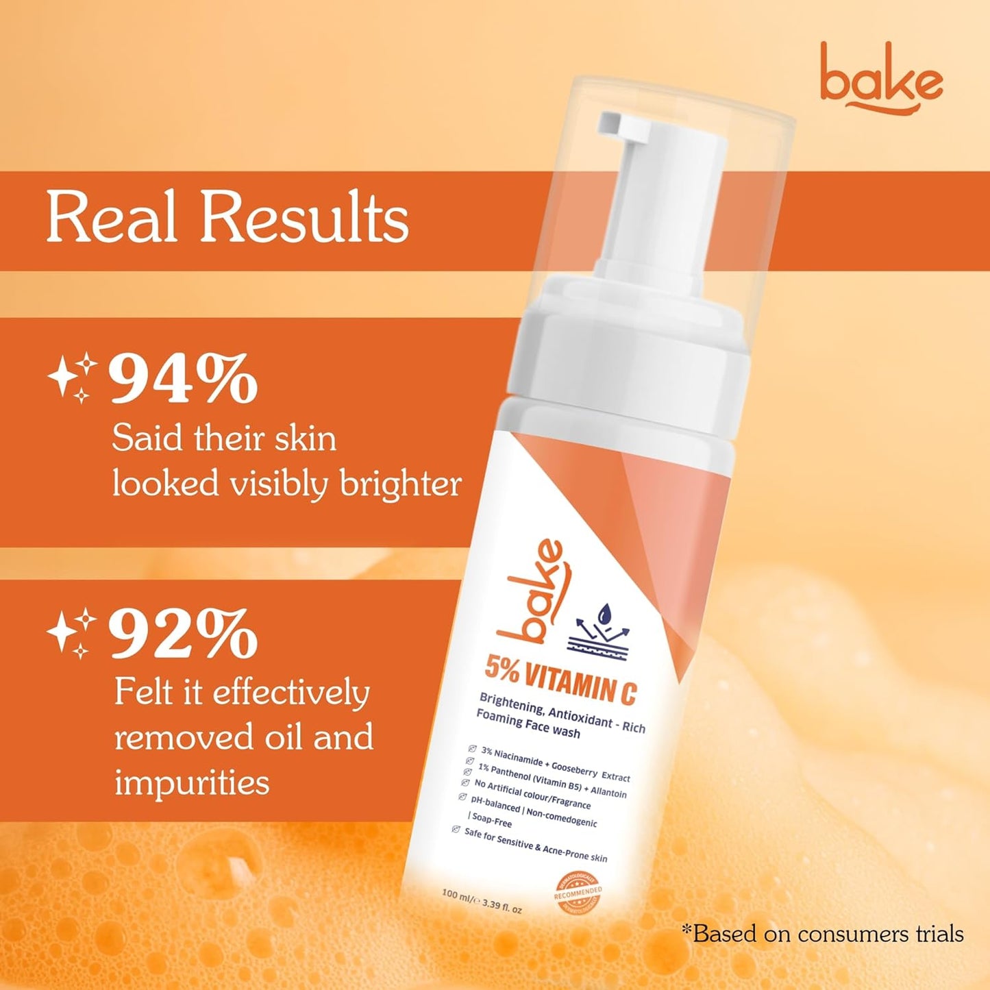 BAKE 5% Vitamin C Foaming Face Wash with Niacinamide | Brightening Face Wash for Pigmentation, Dark Spots & Uneven Skin Tone | Antioxidant Rich Cleanser for Dull, Normal to Oily Skin â€“ 100ml