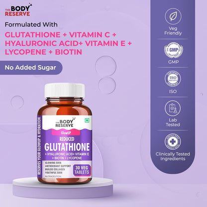 The Body Reserve Japanese L-Glutathione Tablets for Skin Whitening | 500mg Glutathione Supplements with Hyaluronic Acid, Vitamin E, Lycopene & Biotin | Skin Glow & Collagen Support | Sugar-Free, 30 Tablets
