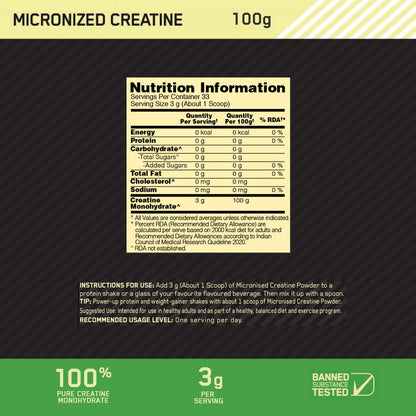 Optimum Nutrition (ON) Micronized Creatine Powder - 100 Gram, 33 Serves, 3g of 100% Creatine Monohydrate per serve, Supports Athletic Performance & Power, Unflavored.