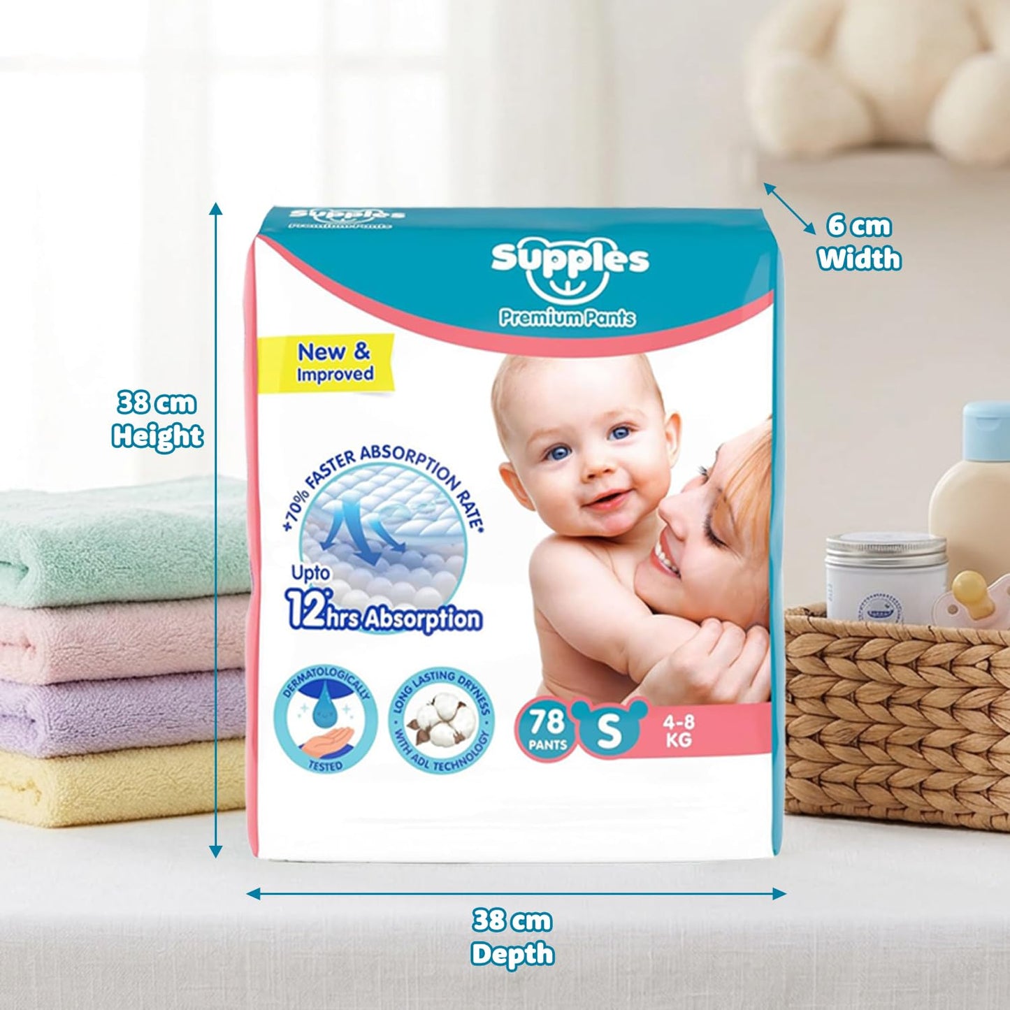 Supples Premium Baby Diaper Pants | 78 Baby Diapers | Small | 4-8 Kg | 12 Hrs Absorption | Cushiony Cotton Soft Fabric | Phthalates-Free | Triple Leak Guard