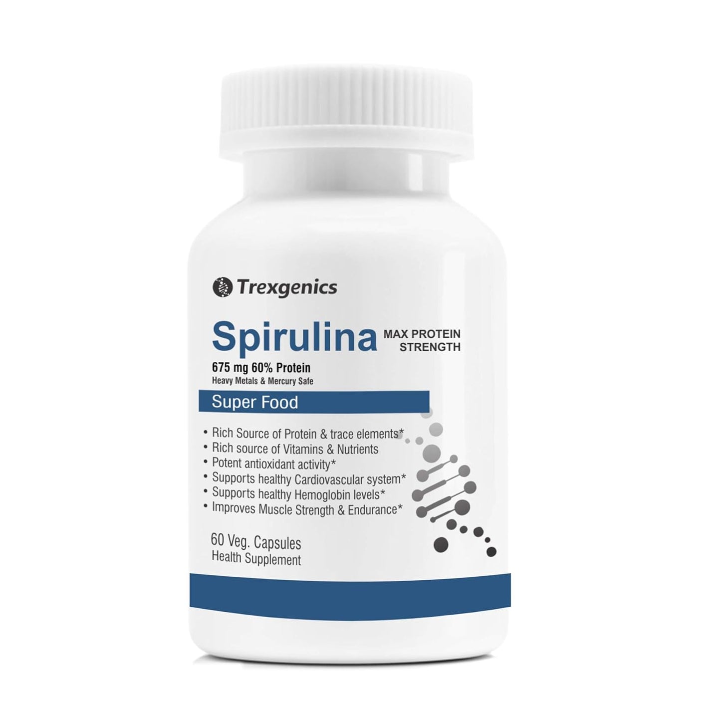 Trexgenics SPIRULINA 675 mg MAX Strength Protein 60%, Super Green Food (60 Vcaps) (1)
