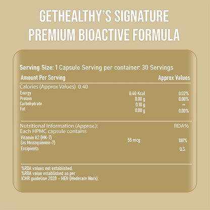 GetHealthyÂ® CalciBalanceâ„¢ Vitamin K2 MK7 55 mcg | All-Trans Menaquinone-7 | Daily Bone Wellness Support | Vegetarian Capsules | Made in India | 120 Count