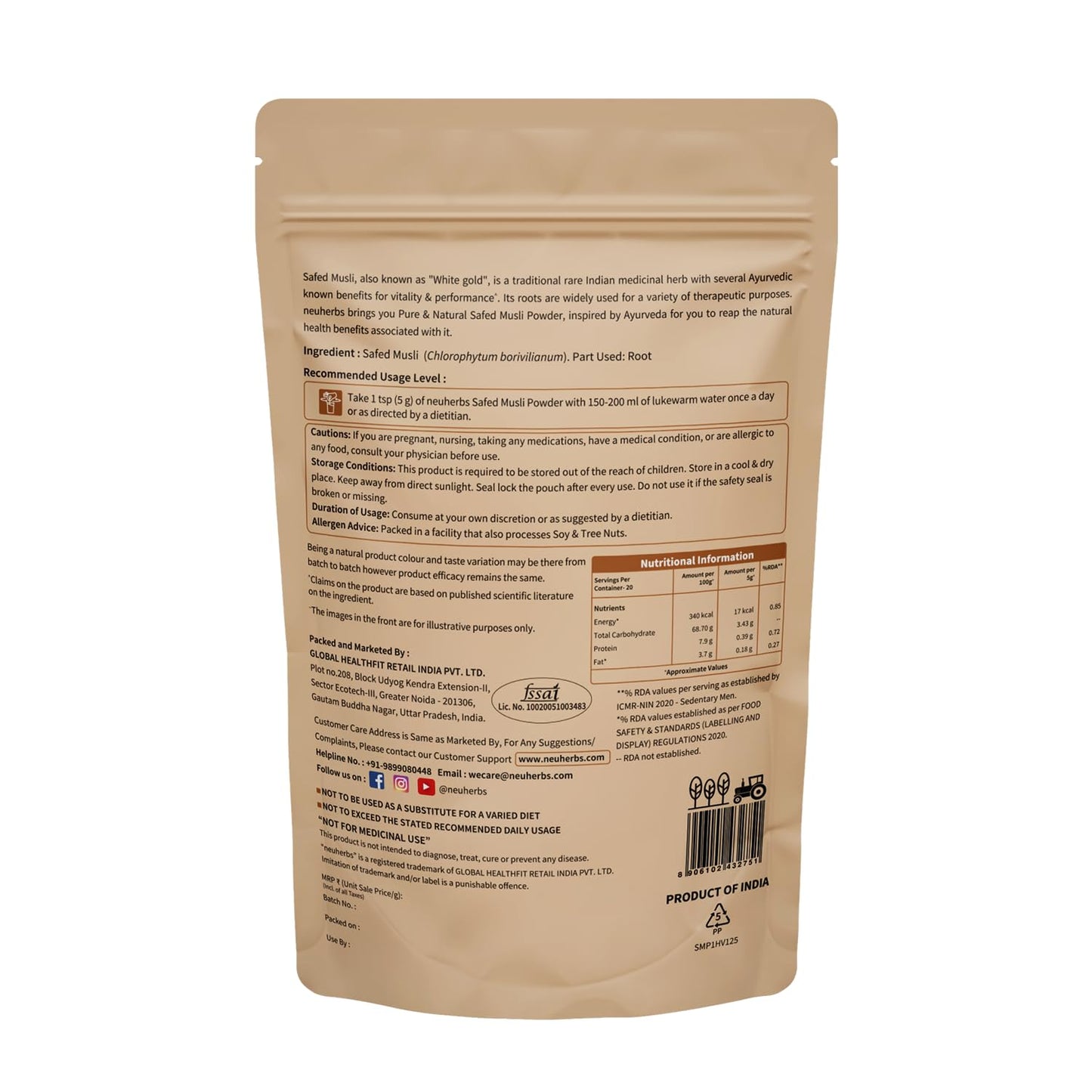 Neuherbs Safed Musli Root Powder - 100 GM | Ayurvedic Support for Vitality & Performance | Herbal Supplement | Support Strength & Stamina Booster