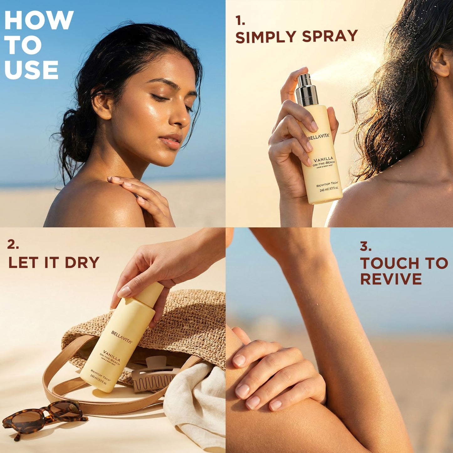 Bellavita Vanilla On-the-Beach | 2 in 1 Hair and Body Mist | 240ml | Long Lasting Premium Body Mist for Woman, Girl | Water based formulation