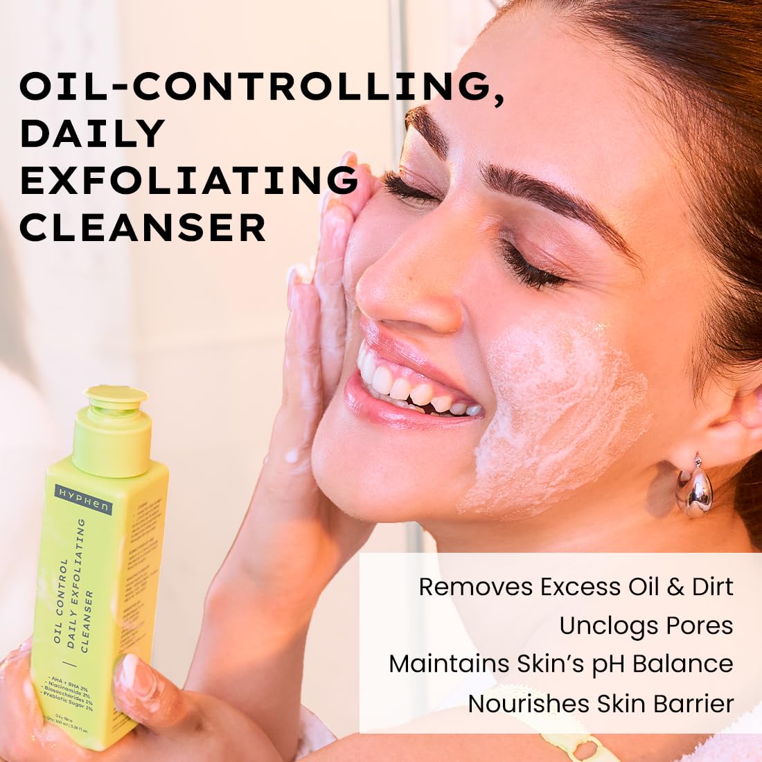 Hyphen Oil Control 2% AHA + BHA, Salicylic Acid Face Wash for Oily Skin & Acne| Daily Exfoliating Cleanser with 2% Niacinamide | Deep Cleanses & Removes Dirt | For Men & Women - 100 ml