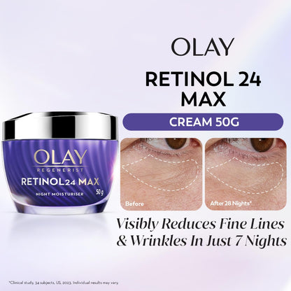 Olay Retinol24 Max Night Cream l Visibly Reduces Fine Lines in 7 Nights | Max Repair, Max Hydration l No Redness or Irritation | Fragrance Free l Normal, Oily, Dry and Combination Skin l 50g