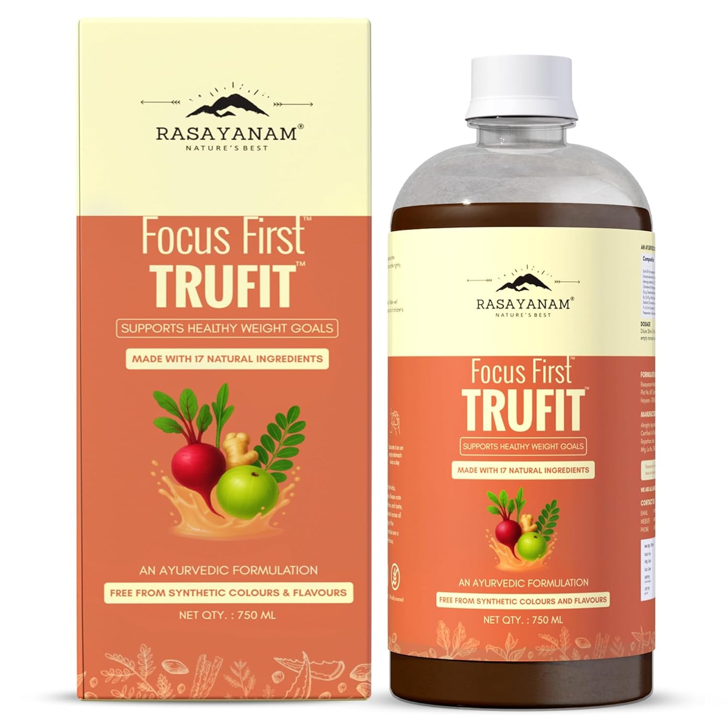 Rasayanam TruFit Juice 750 ml | 17 Herbs for Weight Management & Digestion | Kwath Method | No Sugar | Garcinia, Green Tea, Amla & Moringa | 100% Natural & Safe