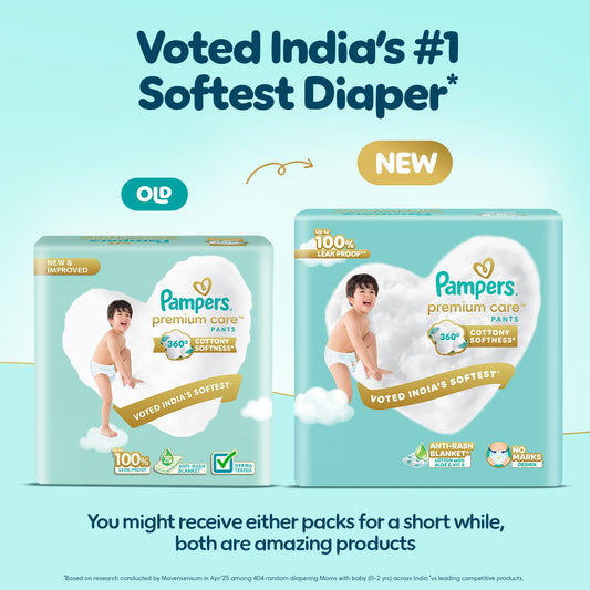 Pampers Premium Care Pant Style Baby Diapers XL 72 Count | No Marks Design | Voted India’s #1 Softest Diaper | All in 1 diaper with 360 Cottony Softness