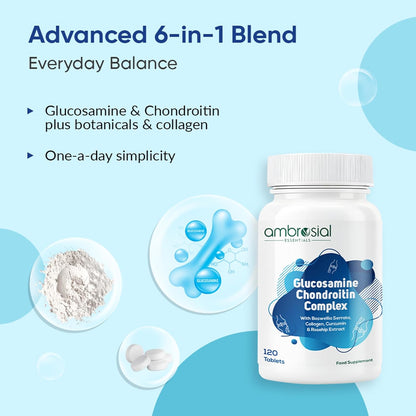 Ambrosial Glucosamine Chondroitin Joint Care Supplement with Curcumin, Collagen, Boswellia & Rosehip Extracts | High Strength Glucosamine Chondroitin for High Mobility & Flexibility | 120 Tablets