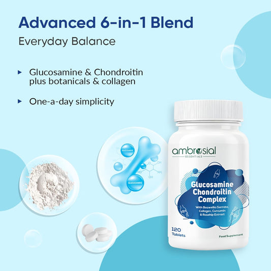 Ambrosial Glucosamine Chondroitin Joint Care Supplement with Curcumin, Collagen, Boswellia & Rosehip Extracts | High Strength Glucosamine Chondroitin for High Mobility & Flexibility | 120 Tablets